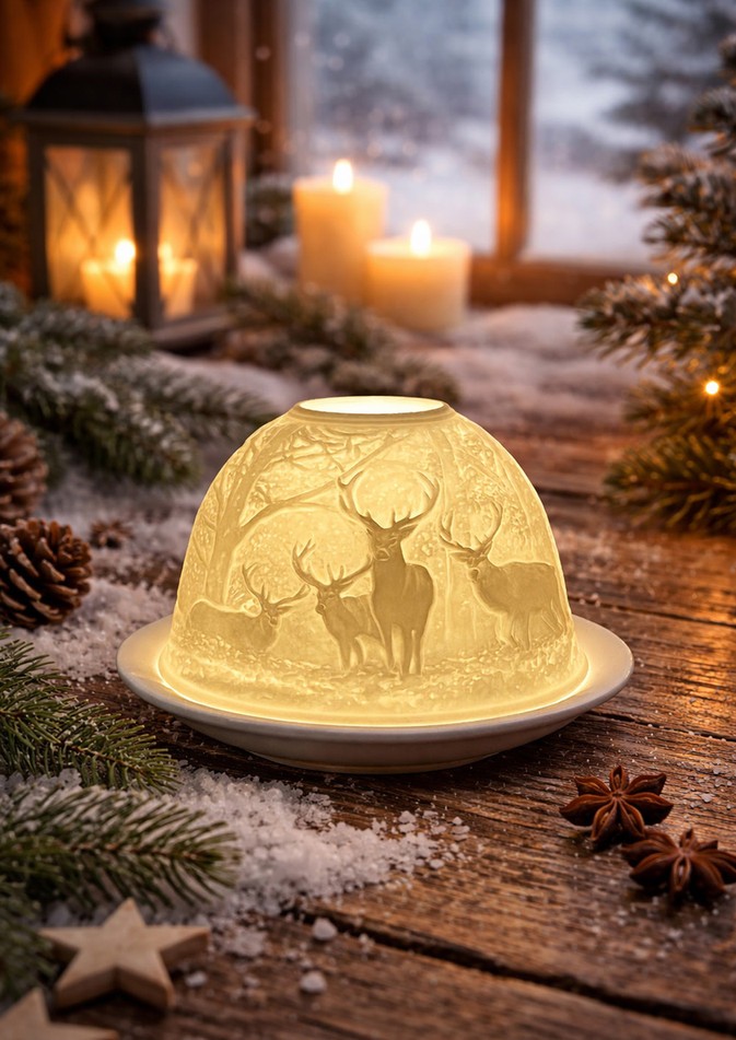 Bílý porcelánový svícen na čajovou svíčku jeleni v lese Paollo - Ø 12 * 8 cm Clayre & Eef Bílý porcelánový svícen na čajovou svíčku jeleni v lese Paollo - Ø 12 * 8 cm Clayre & Eef