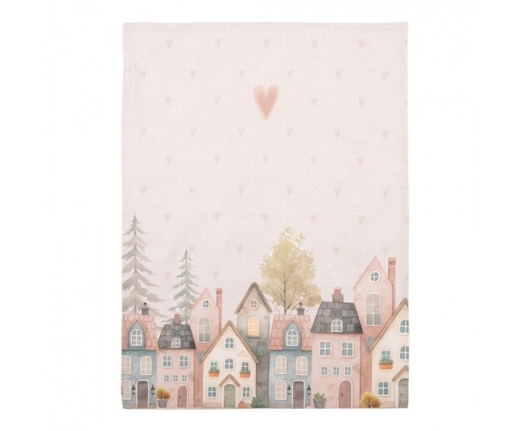 Béžová bavlněná utěrka se srdíčky a domky Hearts & Houses - 50*70 cm Clayre & Eef