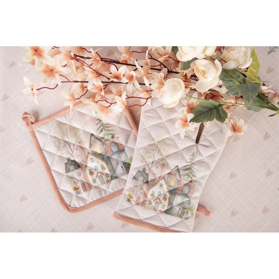 Bavlněná chňapka - podložka se srdíčky a domky Hearts & Houses - 20*20 cm Clayre & Eef Bavlněná chňapka - podložka se srdíčky a domky Hearts & Houses - 20*20 cm Clayre & Eef