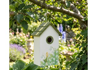 Zeleno-bílá dřevěná ptačí budka s konvalinkami Birdhouse - 15*10*22 cm