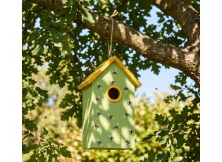 Zeleno-žlutá dřevěná ptačí budka se včelkami Birdhouse - 15*10*22 cm