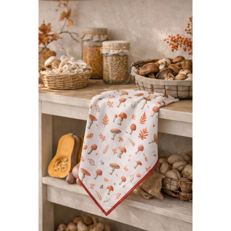Béžová utěrka s listy a muchomůrkami Autumn Leaves - 50*70 cm Clayre & Eef Béžová utěrka s listy a muchomůrkami Autumn Leaves - 50*70 cm Clayre & Eef