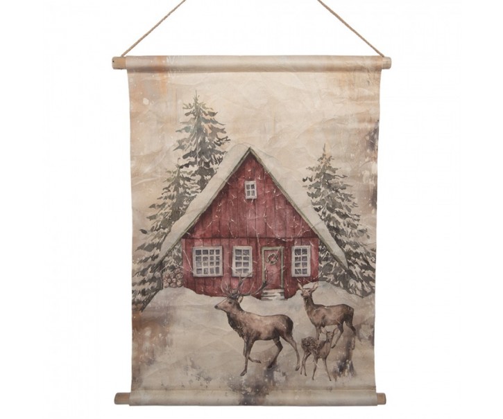 Vánoční vintage nástěnná mapa se zasněženou chaloopkou - 55*3*75 cm Clayre & Eef