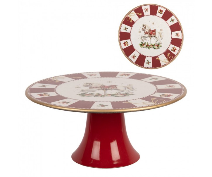 Vánoční servírovací červený podnos na noze vánoční koník - Ø 22*10 cm Clayre & Eef