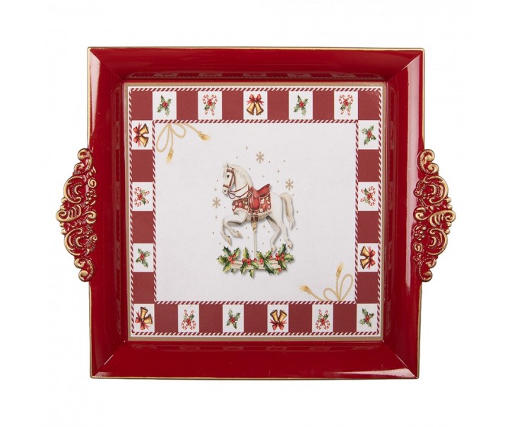 Vánoční servírovací červený podnos vánoční koník - 30*26*3 cm Clayre & Eef