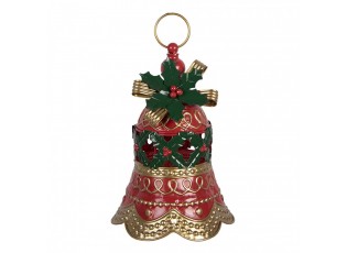 Kouzelný červeno-zelený kovový vánoční zvonek s cesmínou - Ø 21*29 cm
