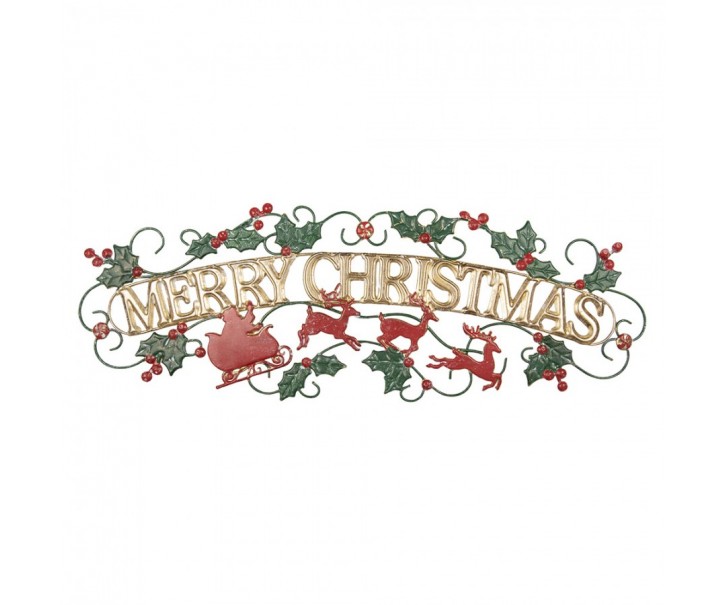 Nástěnná kovová cedule Merry Christmas s cesmínou - 79*1*27 cm Clayre & Eef