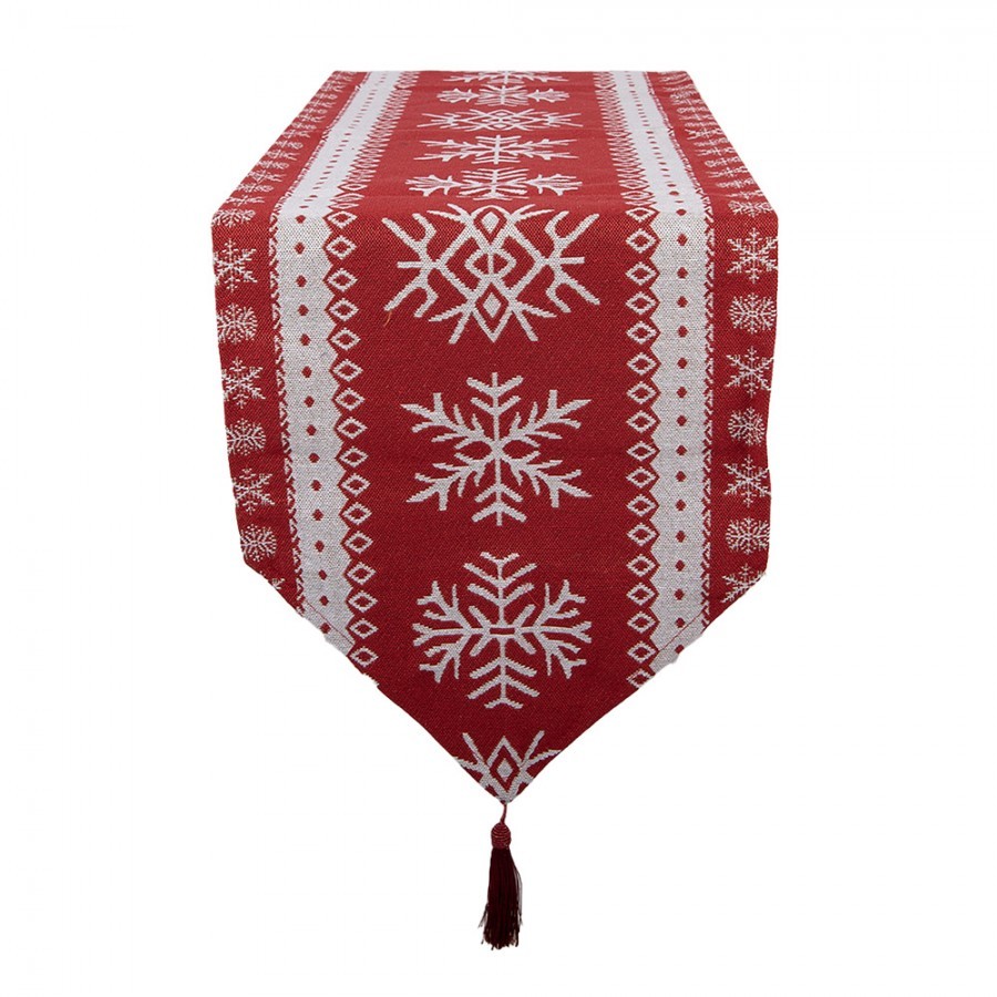 Červený látkový běhoun se sněhovými vločkami a střapci - 33*180 cm