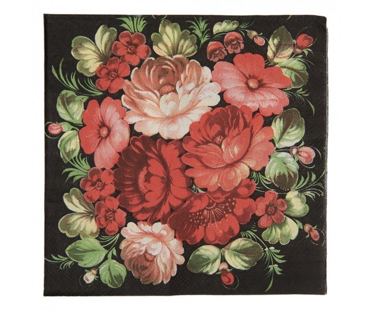Papírové ubrousky s kyticí růží na černém pozadí - 33*33 cm (20ks) Clayre & Eef