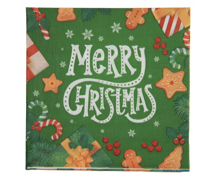 Zelené vánoční papírové ubrousky Merry Christmas - 33*33 cm (20ks) Clayre & Eef