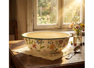 Béžová dekorační smaltovaná mísa s květy Vintage - Ø 30*9 cm / 3000 ml