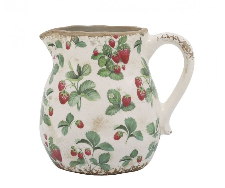 Krémový antik keramický džbán s jahůdkami Fraises - 16*15 cm Chic Antique
