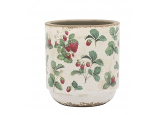 Krémový antik keramický obal na květináč s jahůdkami Fraises - Ø 13*13 cm