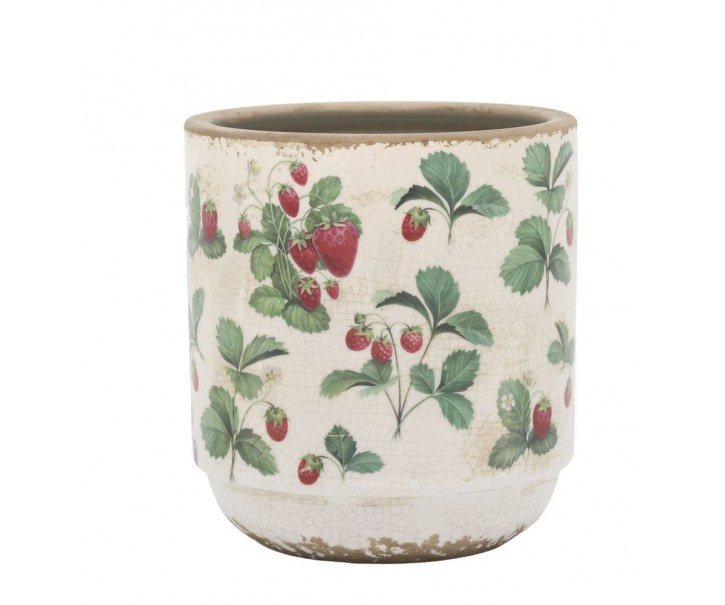 Krémový antik keramický obal na květináč s jahůdkami Fraises - Ø 13*13 cm Chic Antique