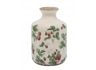 Krémová antik keramická váza s jahůdkami Fraises - Ø 11*17 cm
