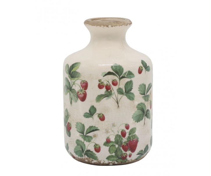 Krémová antik keramická váza s jahůdkami Fraises - Ø 11*17 cm Chic Antique