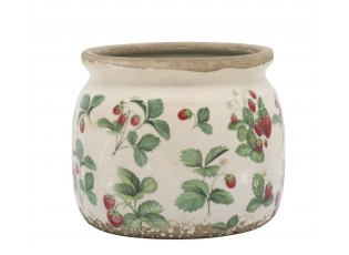 Krémový antik keramický obal na květináč s jahůdkami Fraises - Ø 15*13 cm