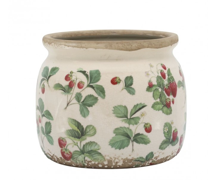 Krémový antik keramický obal na květináč s jahůdkami Fraises - Ø 15*13 cm Chic Antique