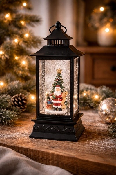 Černá vánoční lucerna sněžítko s LED osvětlením Santa - 10*10*28 cm / 3*AAA Clayre & Eef Černá vánoční lucerna sněžítko s LED osvětlením Santa - 10*10*28 cm / 3*AAA Clayre & Eef