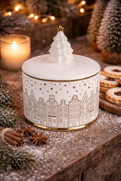 Bílo-stříbrná keramická dóza s domky a stromkem - Ø 15 * 19 cm Clayre & Eef Bílo-stříbrná keramická dóza s domky a stromkem - Ø 15 * 19 cm Clayre & Eef