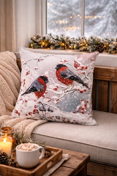Šedý povlak na polštář s ptáčky hýla na stromku Christmas - 45*45 cm Clayre & Eef Šedý povlak na polštář s ptáčky hýla na stromku Christmas - 45*45 cm Clayre & Eef