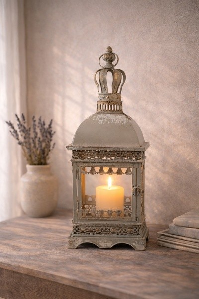 Zelenošedá dekorační zdobená lucerna Igla - 20*20*51 cm Clayre & Eef Zelenošedá dekorační zdobená lucerna Igla - 20*20*51 cm Clayre & Eef