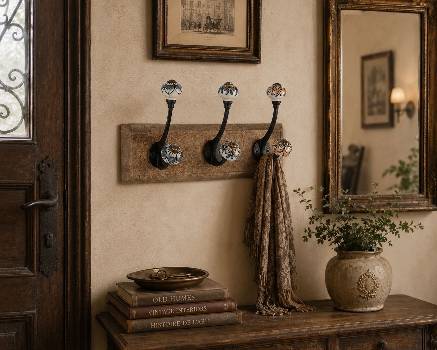 Věšák s dřevěnou deskou a malovanými knopkami - 31*10*16 cm Clayre & Eef Věšák s dřevěnou deskou a malovanými knopkami - 31*10*16 cm Clayre & Eef
