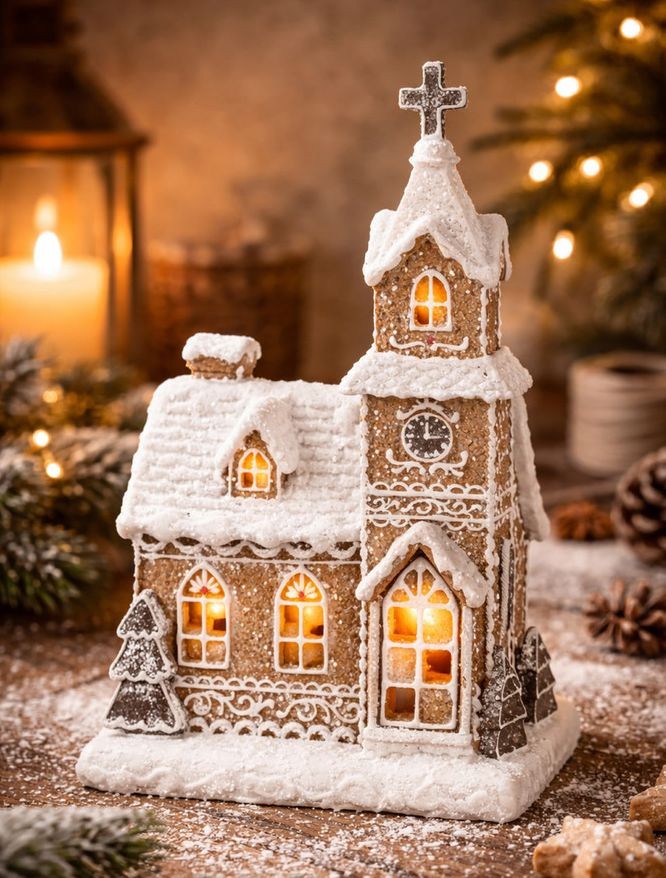 Vánoční perníková dekorace kostel Gingerbread House Led - 14*12*23 cm Clayre & Eef Vánoční perníková dekorace kostel Gingerbread House Led - 14*12*23 cm Clayre & Eef