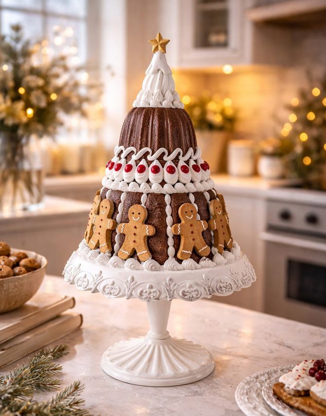 Dekorace dort s perníčky na podnosu na noze Gingerbread Cake - Ø 29*52 cm Clayre & Eef Dekorace dort s perníčky na podnosu na noze Gingerbread Cake - Ø 29*52 cm Clayre & Eef