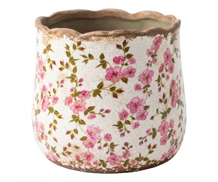 Keramický obal na květináč s růžovými květy Vintage Bloom S - Ø 11*10 cm Clayre & Eef
