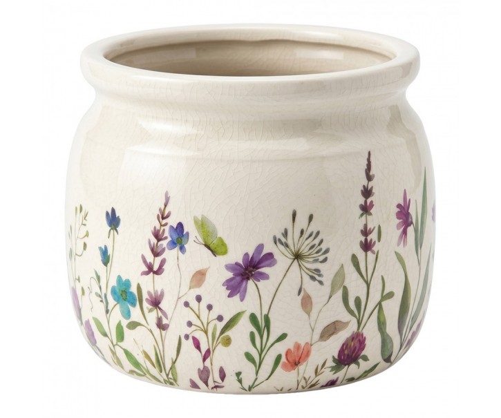 Keramický obal na květináč s lučními květy Rustic Flora - Ø 20*15 cm Clayre & Eef
