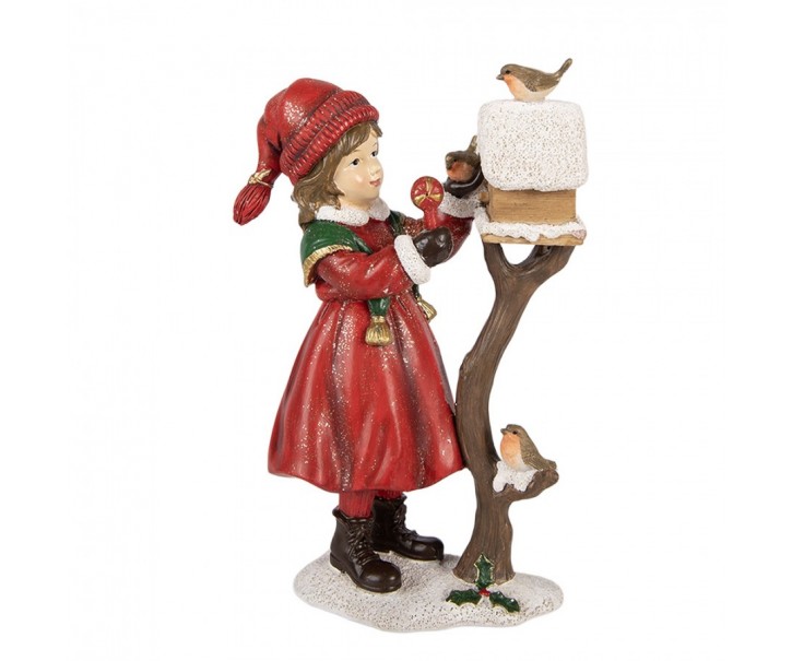 Vánoční dekorace děvče u krmítka s ptáčky - 13*7*19 cm Clayre & Eef
