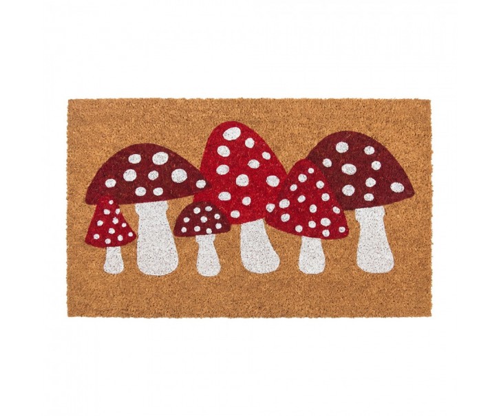 Hnědá kokosová rohožka s muchomůrkami Mushrooms - 75*45*1 cm Clayre & Eef