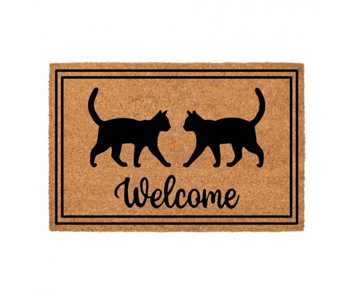 Hnědá kokosová rohožka s kočkami Welcome - 75*45*1 cm Clayre & Eef
