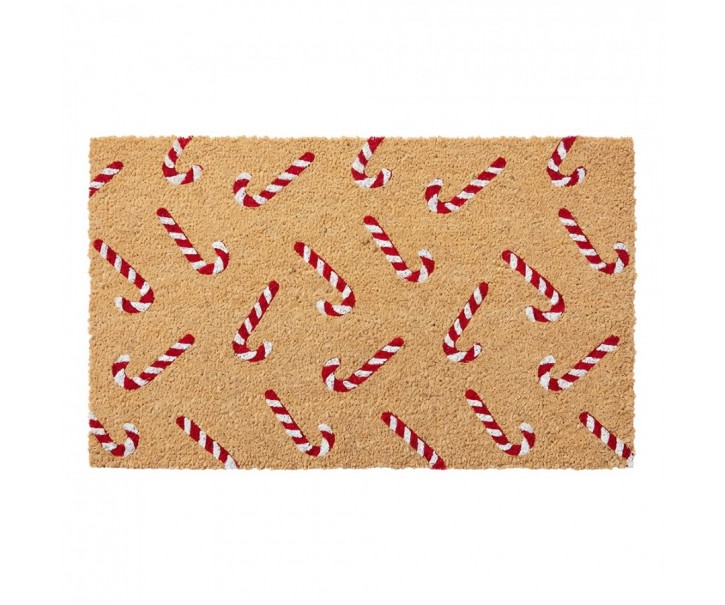 Hnědá kokosová rohožka s cukrovými holemi Candy Cane Christmas - 75*45*1 cm Clayre & Eef