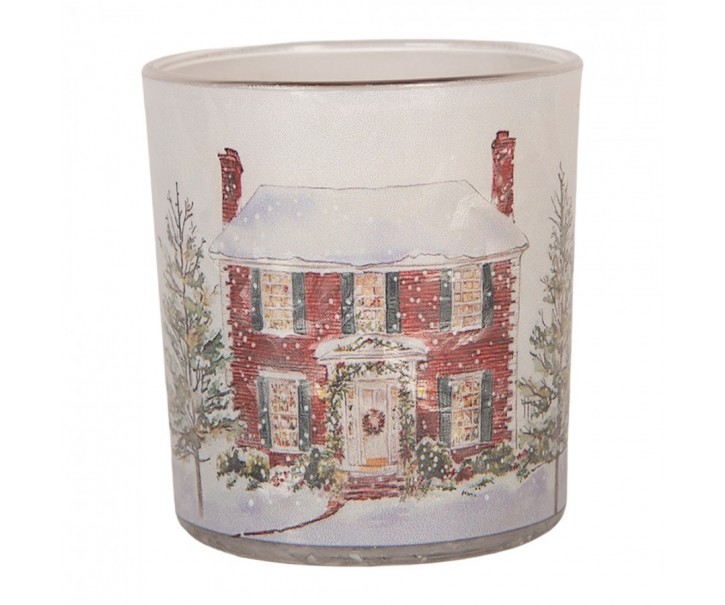 Skleněný svícen na čajovou svíčku Christmas House - Ø 7*8 cm Clayre & Eef