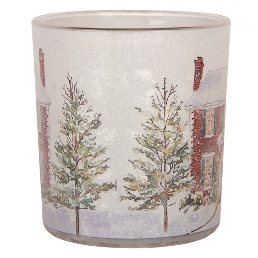 Skleněný svícen na čajovou svíčku Christmas House - Ø 7*8 cm Clayre & Eef Skleněný svícen na čajovou svíčku Christmas House - Ø 7*8 cm Clayre & Eef