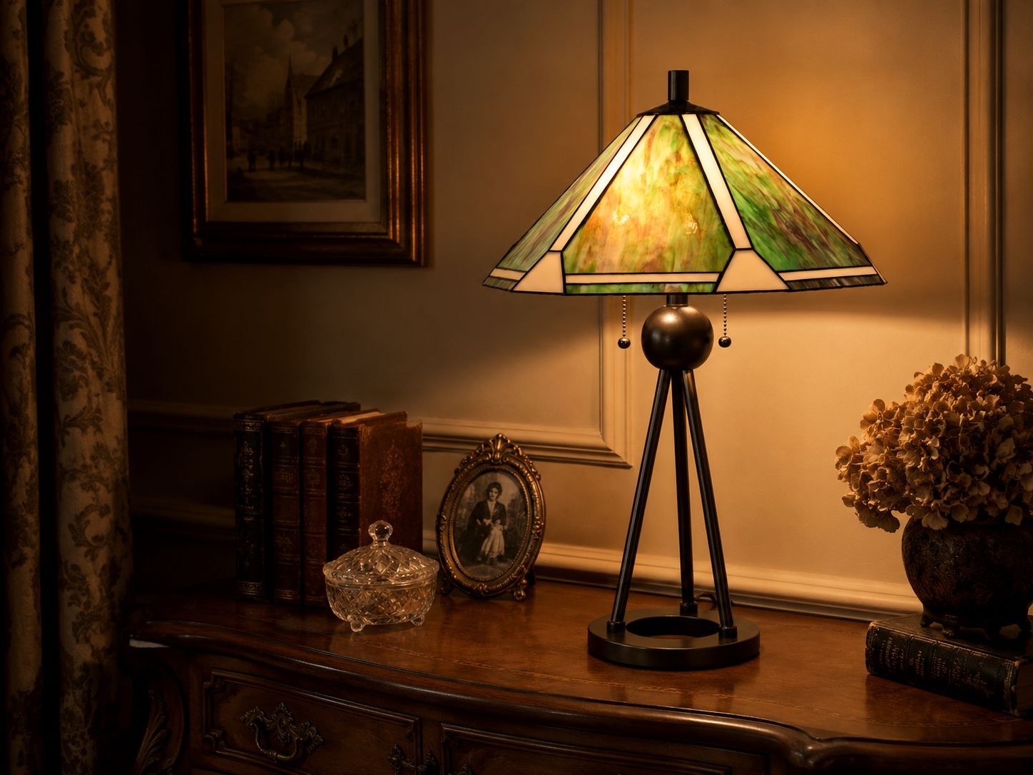 Velká Tiffany lampa Laverna Velká stolní Tiffany lampa Laverna na komodě v obývacím pokoji
