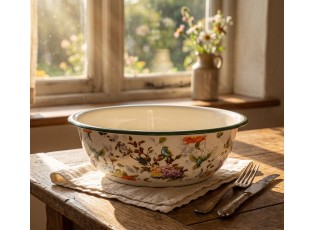 Béžová dekorační smaltovaná mísa s květy Vintage antik - Ø 30*9 cm / 3000 ml