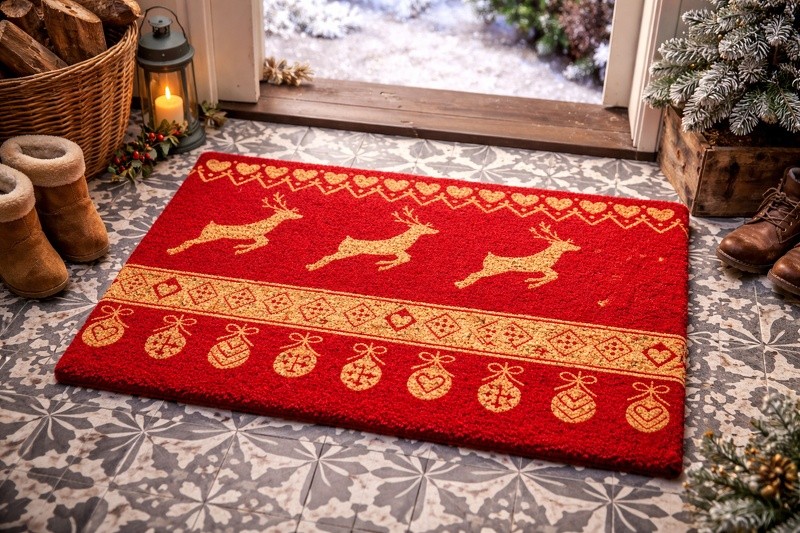 Červená kokosová rohožka s jeleny Nordic Christmas New - 75*45*1 cm Clayre & Eef Červená kokosová rohožka s jeleny Nordic Christmas New - 75*45*1 cm Clayre & Eef