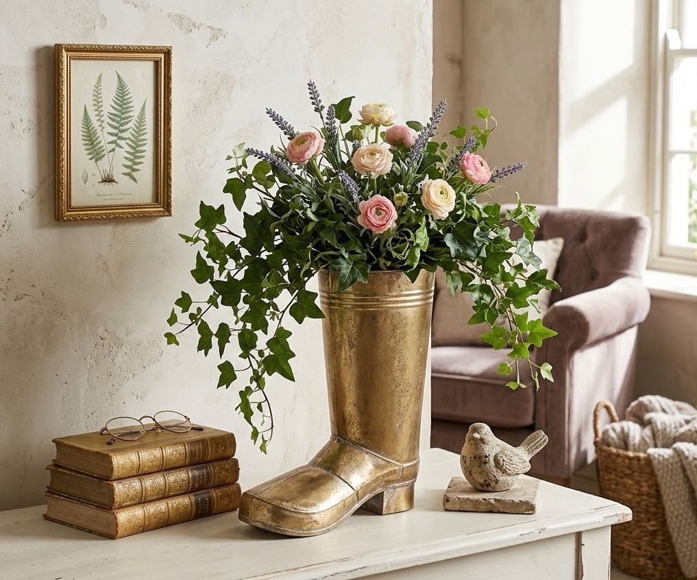 Dekorativní květináč ve tvaru boty – Zlatá antik elegance - 30*15*37 cm Clayre & Eef Dekorativní květináč ve tvaru boty – Zlatá antik elegance - 30*15*37 cm Clayre & Eef