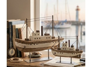 Hnědá dřevěná dekorace přírodní loďka na podstavci Boat L - 30*7*24 cm