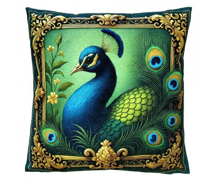 Dekorační polštář s motivem páva ve zlatém rámu - 45*45*4 cm Clayre & Eef