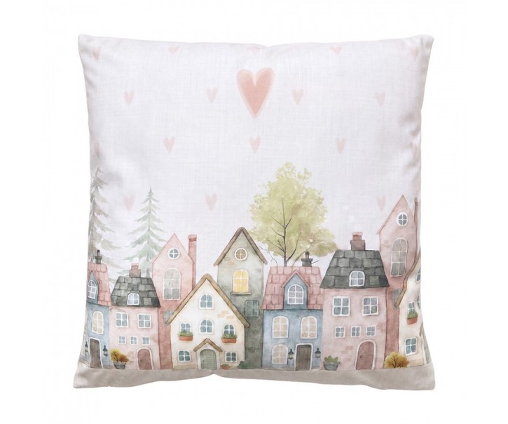 Béžový polštář se srdíčky a domky Hearts & Houses - 45*45*4 cm Clayre & Eef