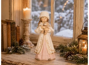 Béžová vánoční dekorace dívka s medvídkem - 8*7*17 cm