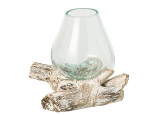 Skleněná váza z recyklovaného skla na dřevu Gamal White M - 20*20*20 cm