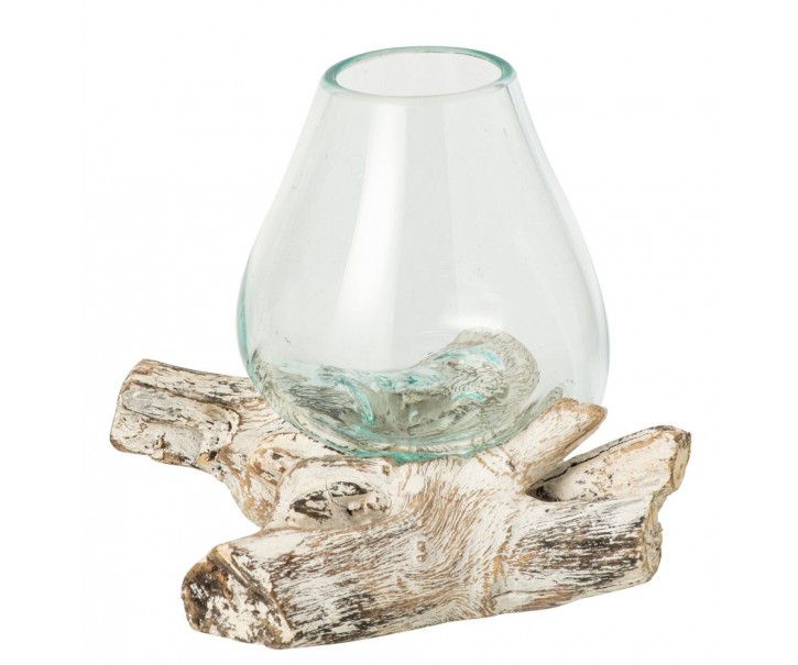 Skleněná váza z recyklovaného skla na dřevu Gamal White L - 20*20*20 cm J-Line by Jolipa