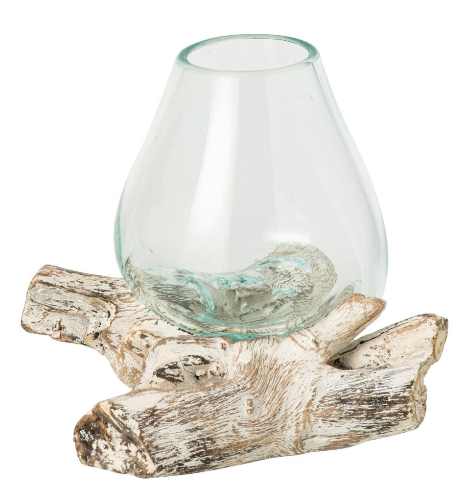 Skleněná váza z recyklovaného skla na dřevu Gamal White L - 20*20*20 cm
