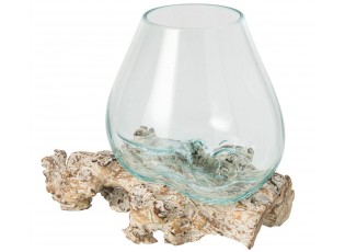 Skleněná váza z recyklovaného skla na dřevu Gamal White L - 30*30*30 cm