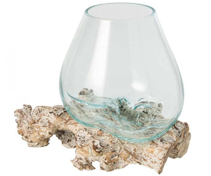 Skleněná váza z recyklovaného skla na dřevu Gamal White L - 30*30*30 cm J-Line by Jolipa